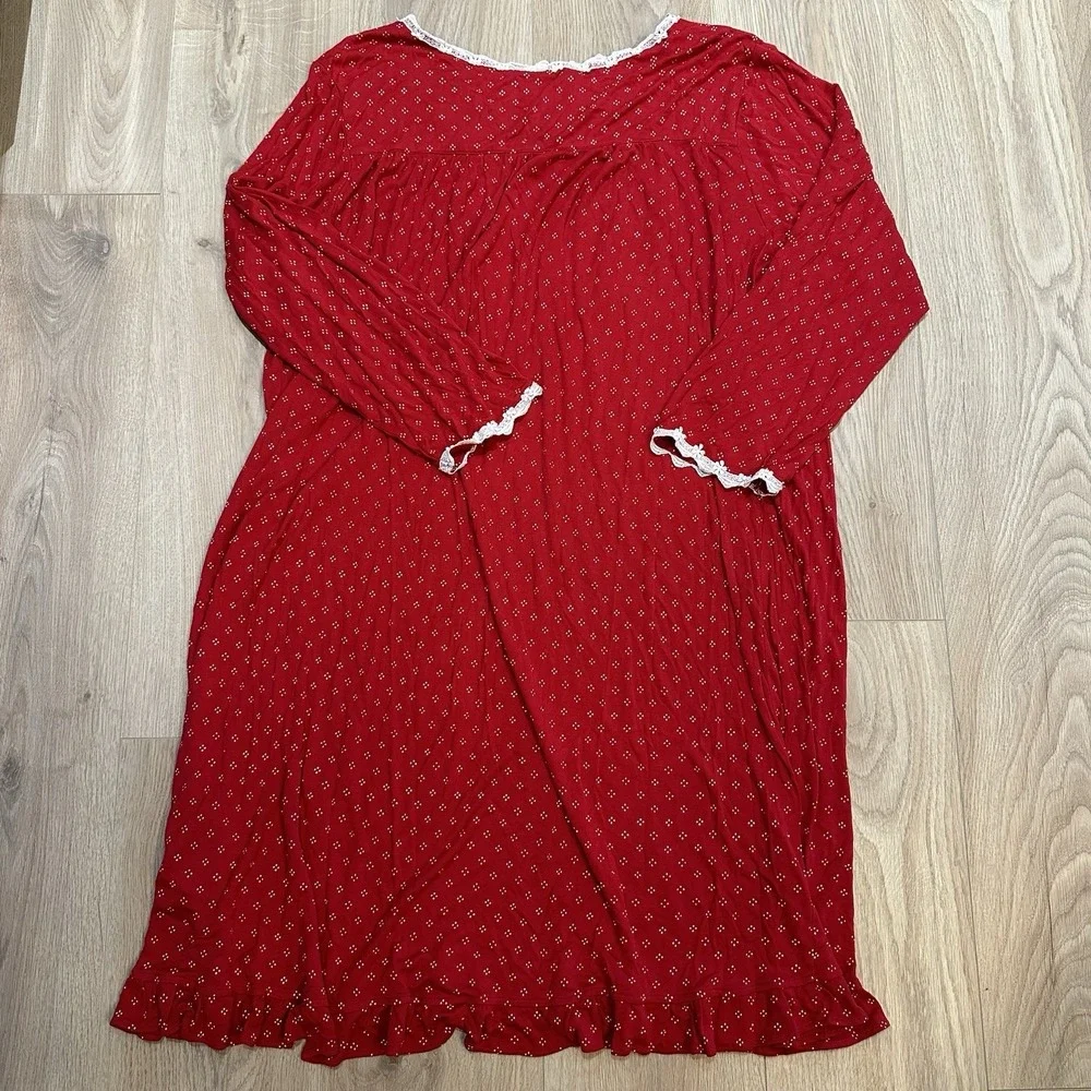 EILEEN WEST 100% MODAL‎ KNIT GOWN LONG SLV Red Lace Cottagecore Trad Wife Sz 3X